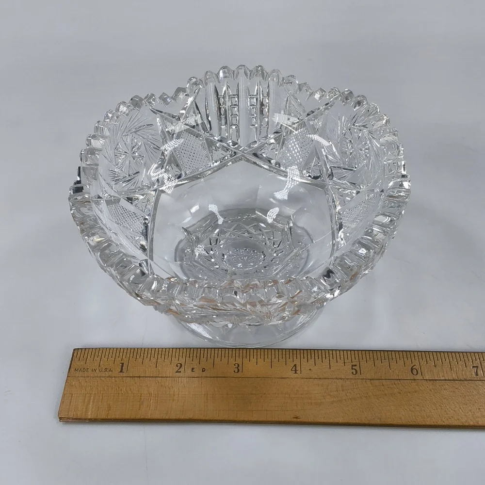 Vtg American Cut Glass Pedestal Bowl Pinwheel Starburst Sawtooth Footed Crystal
